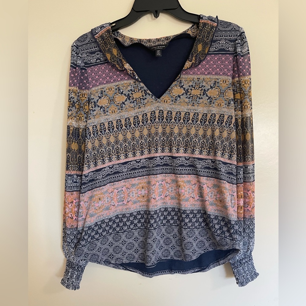 Lucky Brand Vneck Long Sleeve Multicolor Abstract Pullover Top Blouse Sz PS
